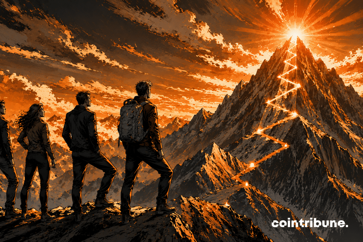 On the summit of a futuristic mountain, investors look upward at a glowing Bitcoin.