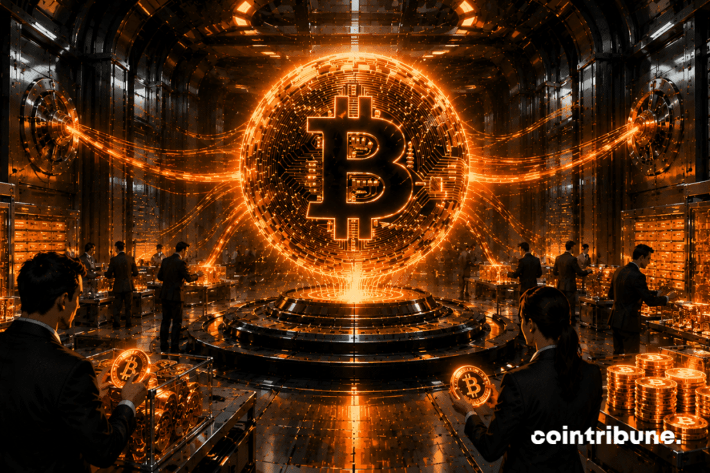 En una enorme bóveda digital futurista, inversores institucionales acumulan metódicamente bitcoins luminosos.