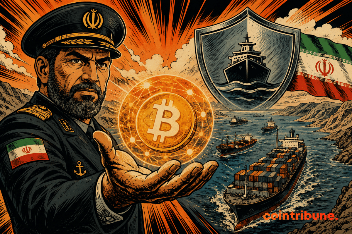Illustration d’un officier iranien tenant un Bitcoin devant des navires dans le détroit d’Ormuz, en référence à Hormuz Safe, la plateforme d’assurance maritime lancée par l’Iran.