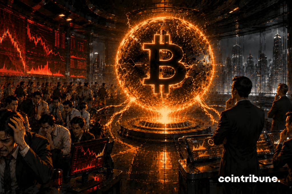 Dans une immense salle de marché crypto futuriste, une foule de traders stressés regardent des écrans rouges abstraits tandis qu’un petit groupe calme observe un Bitcoin lumineux stabilisé. Le Bitcoin partiellement dans l’ombre est entouré d’un halo énergétique résistant.