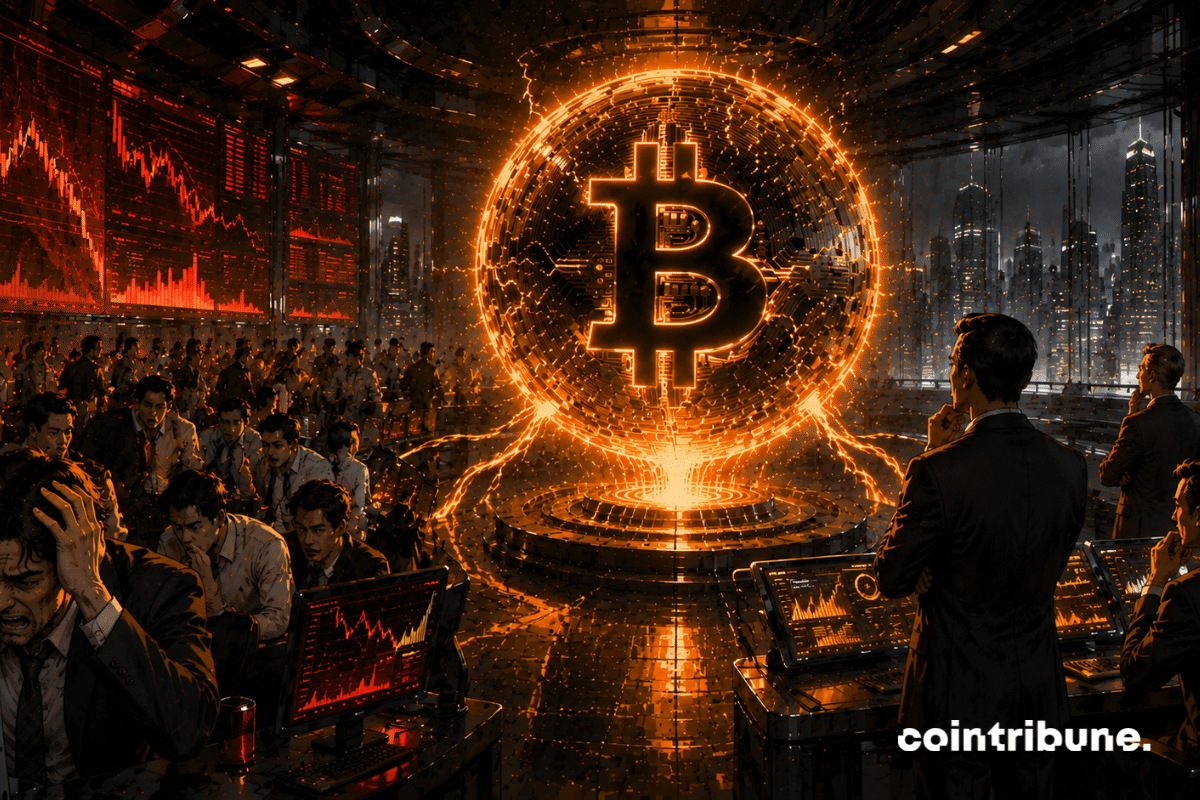 In a massive futuristic crypto trading floor, a crowd of stressed traders watches abstract red screens while a small calm group observes a glowing Bitcoin holding steady. The Bitcoin, partially hidden in the shadows, is surrounded by a resilient energy halo.