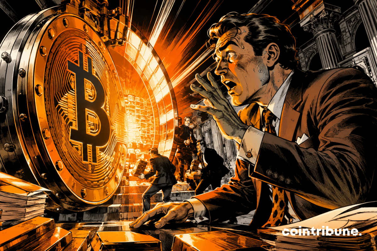 A Ledn banker observes a gigantic metallic Bitcoin opened like a vault, revealing an explosive orange light.
