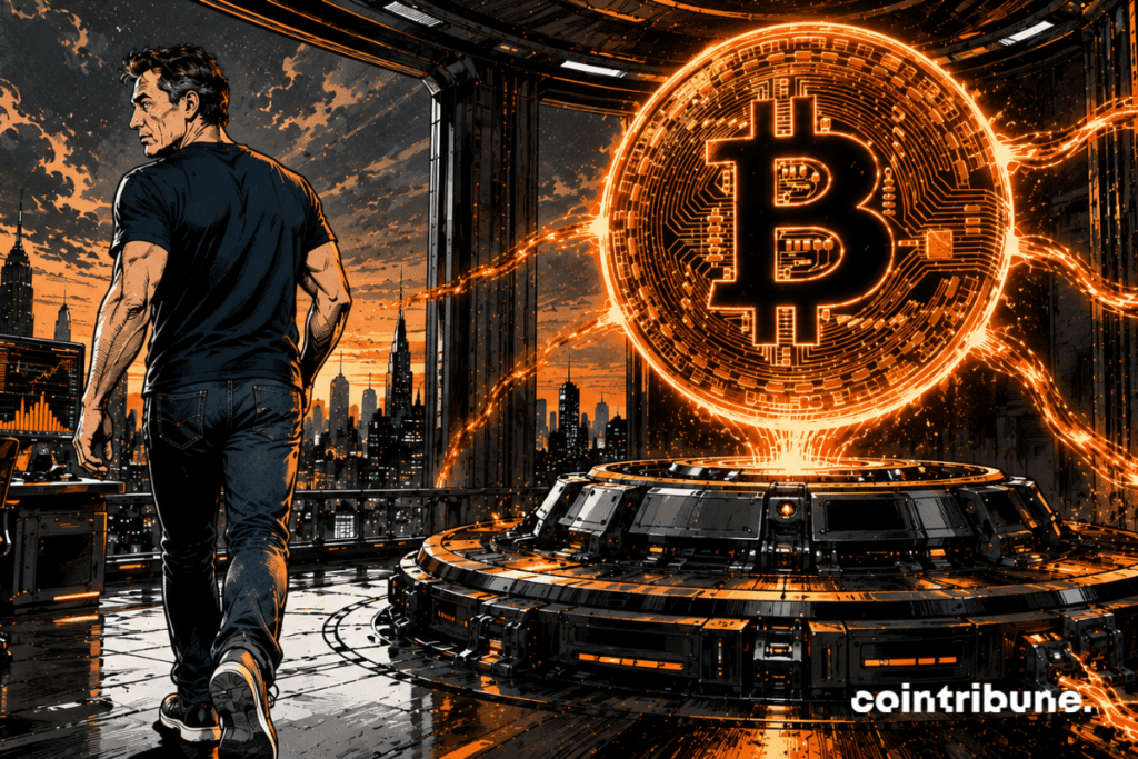 In a vast futuristic financial hall, a billionaire entrepreneur inspired by Mark Cuban turns his back on a gigantic Bitcoin sphere.