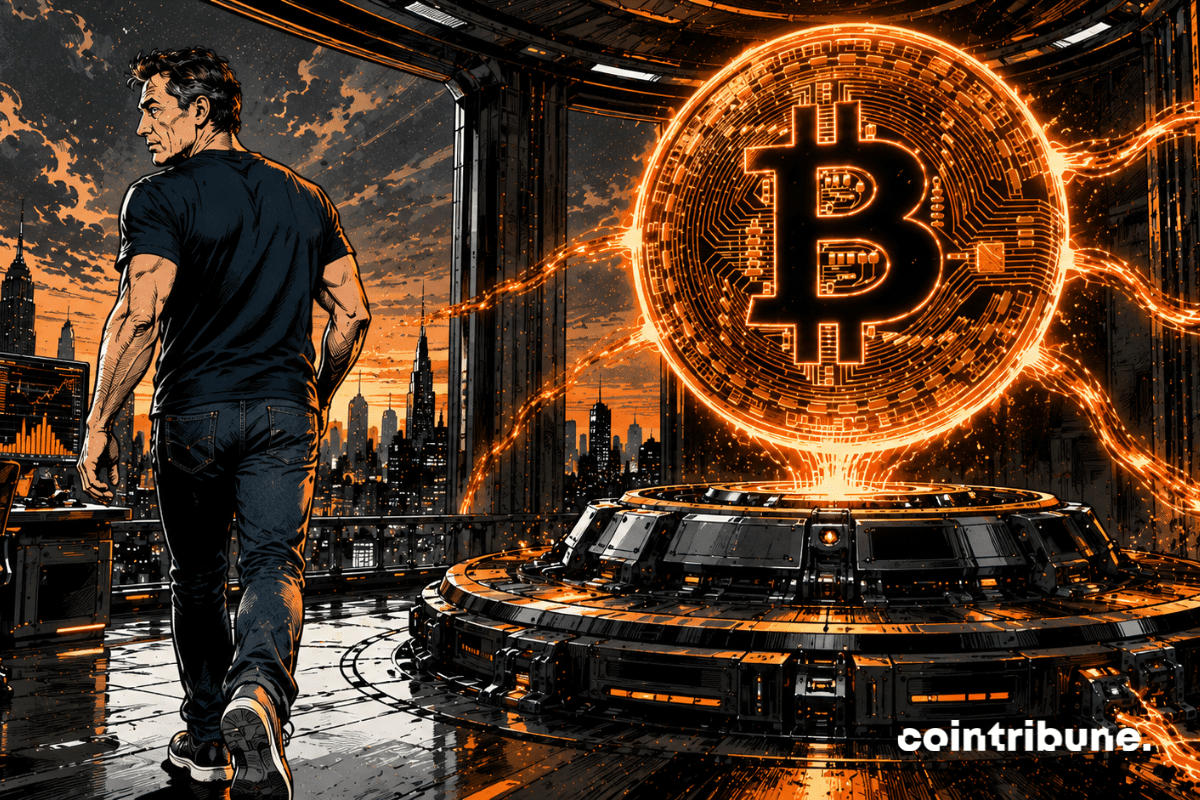Dans une immense salle financière futuriste, un entrepreneur milliardaire inspiré de Mark Cuban tourne le dos à une gigantesque sphère Bitcoin.