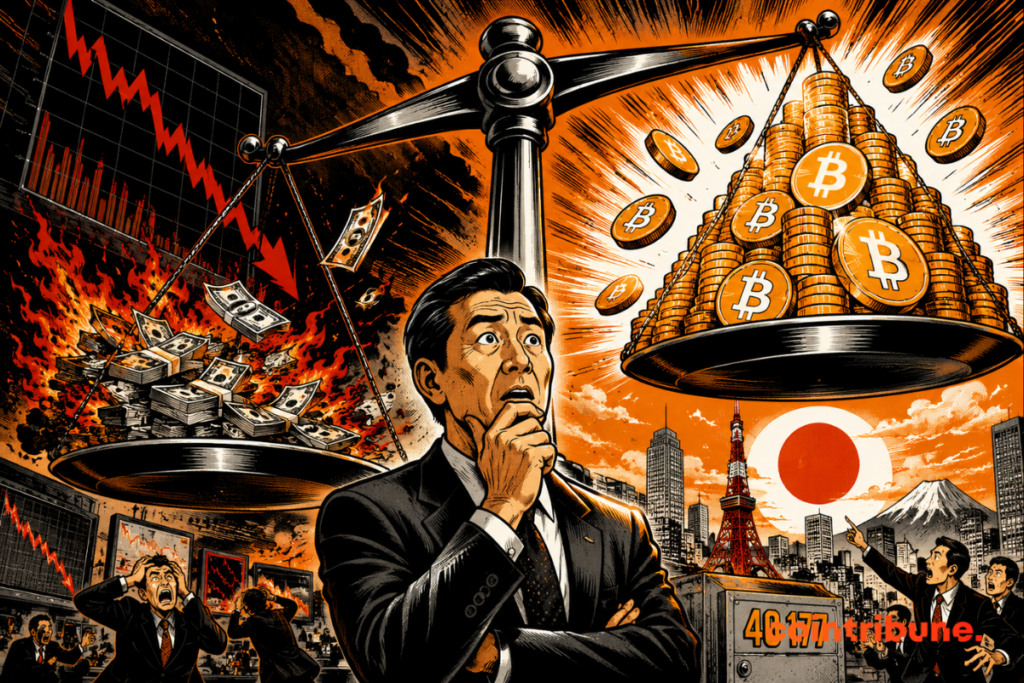 Illustration of Metaplanet in Japan facing the decline of Bitcoin, with a balance weighing financial losses against BTC reserves.