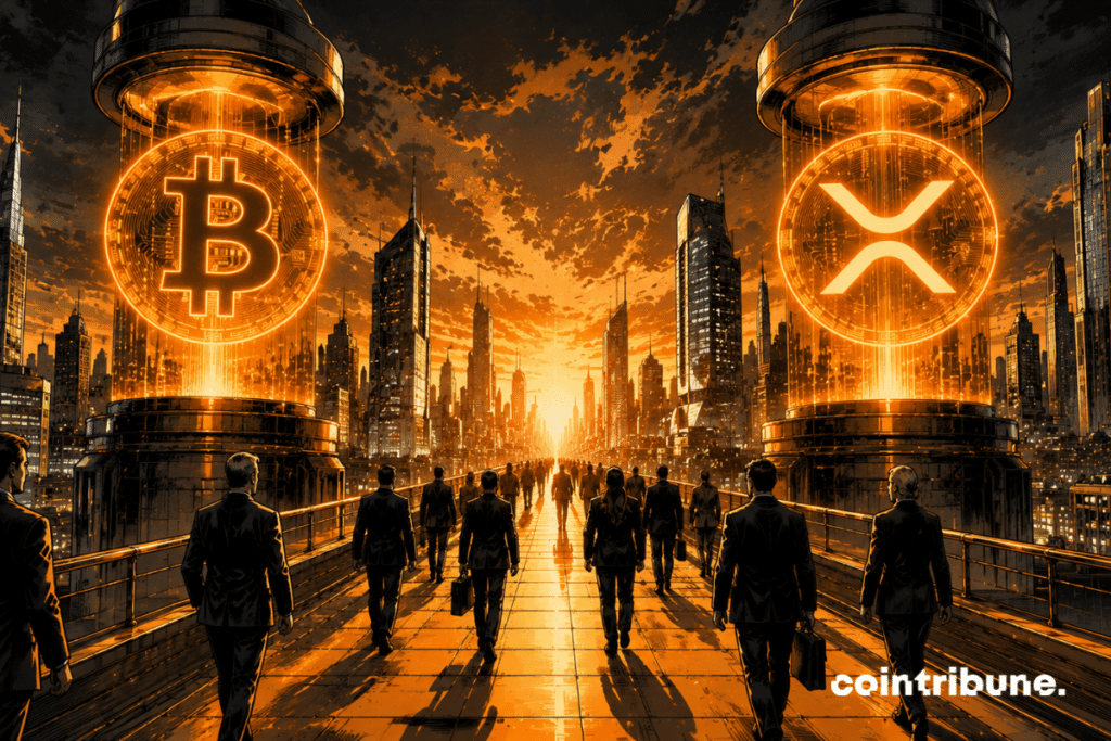 Bankers and asset managers from Morgan Stanley crossing a futuristic financial bridge together. Two glowing Bitcoin/XRP pillars support the bridge.
