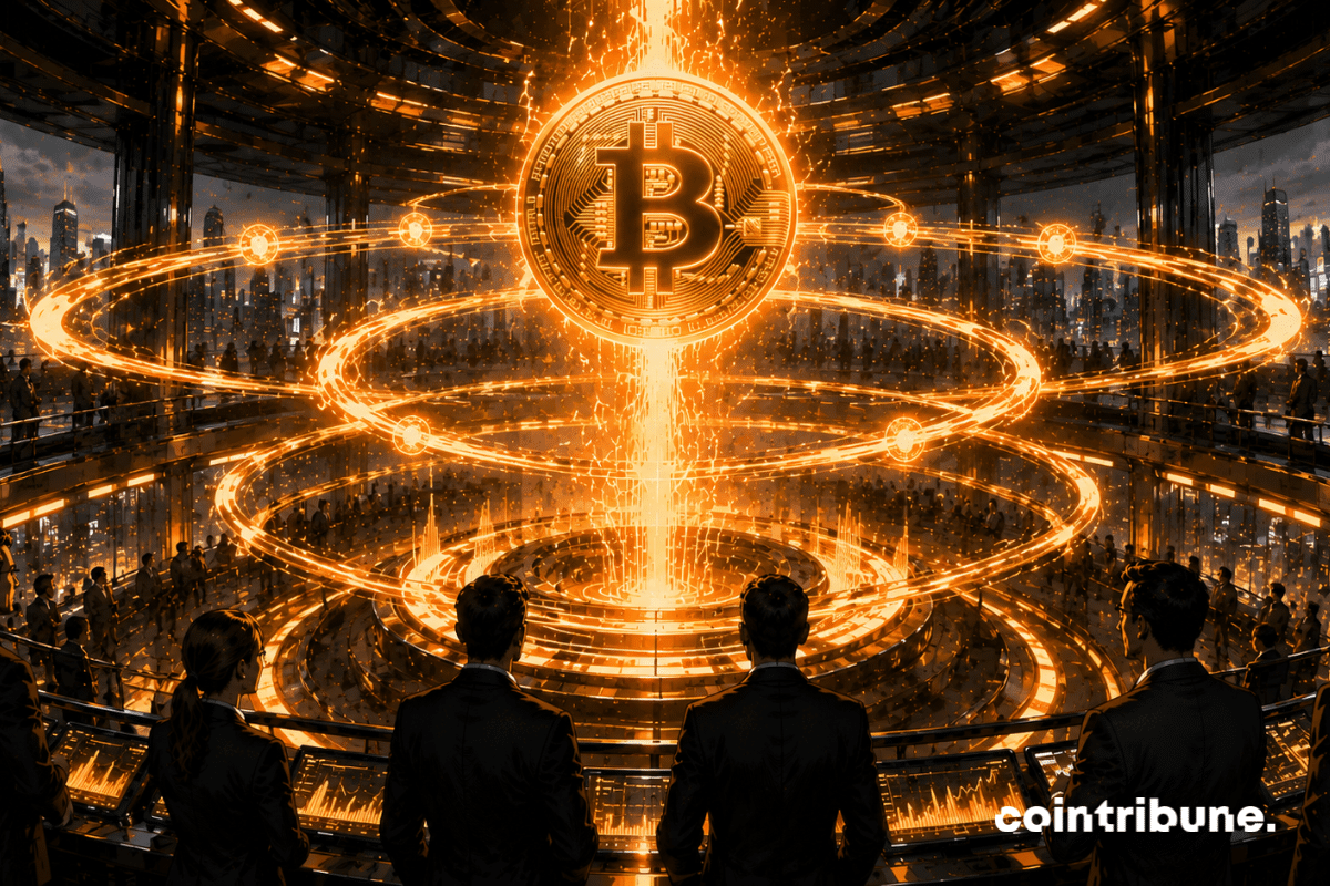 Dans une immense salle financière futuriste, des analystes et investisseurs observent une montée spectaculaire du Bitcoin. Une gigantesque sphère Bitcoin s’élève au-dessus de plusieurs anneaux lumineux représentant des cycles historiques.