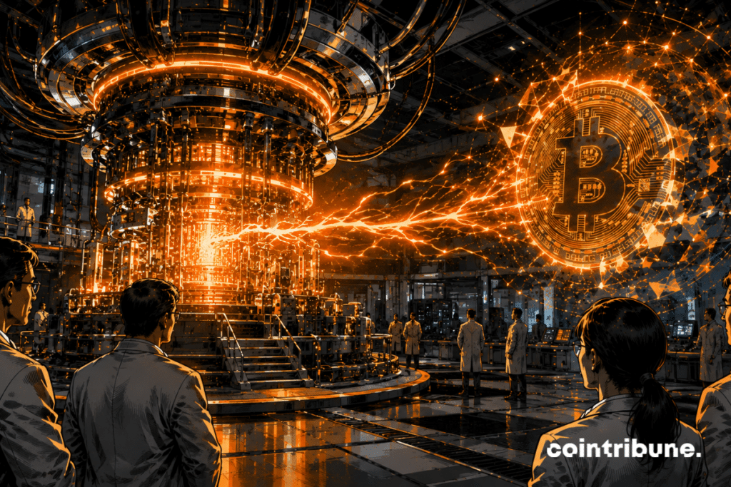 In a futuristic quantum laboratory in China, scientists observe a colossal machine. The quantum supercomputer radiates an orange energy toward a holographic Bitcoin structure.