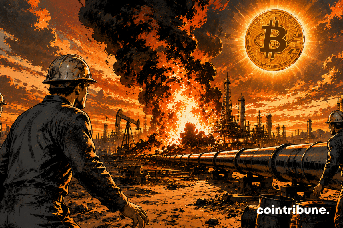 In a desert, oil workers watch a fire explosion in the distance. A pipeline is burning while a Bitcoin coin floats intact in the sky.
