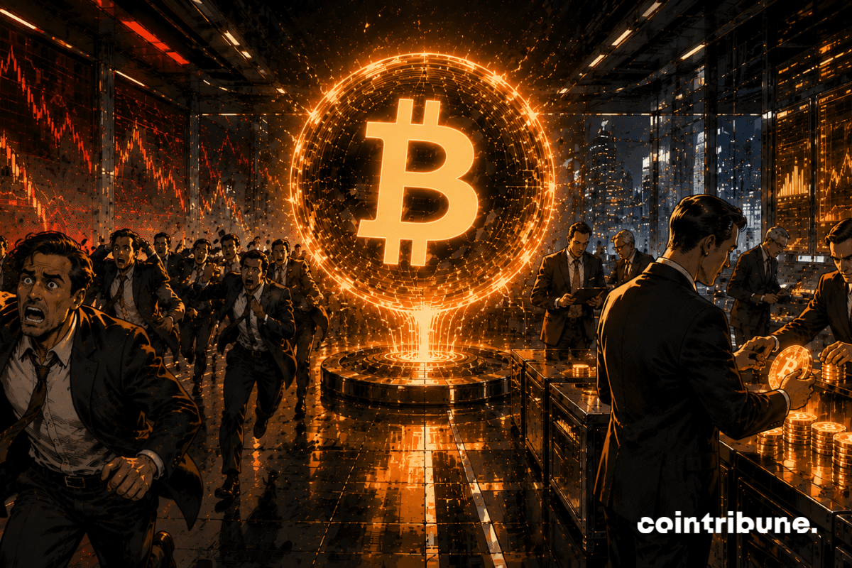 In a tense futuristic crypto trading floor, a crowd of panicked investors is leaving the scene while a small calm group accumulates glowing assets. A luminous Bitcoin is partially plunged into shadow, but surrounded by streams of accumulation.
