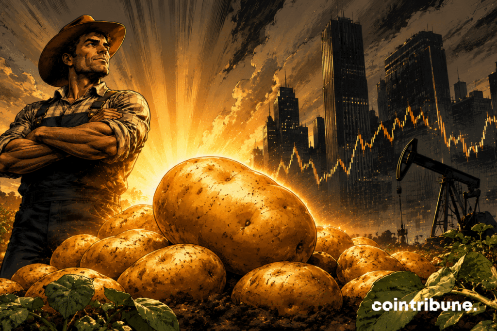 En un campo agrícola futurista, un agricultor heroico observa papas gigantes que irradian una luz naranja, simbolizando el récord histórico de este activo frente a Bitcoin, el petróleo y los mercados financieros.