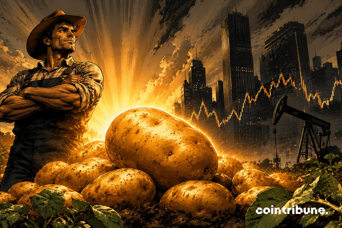 Dans un champ agricole futuriste, un fermier héroïque observe des pommes de terre géantes irradiant une lumière orange, ce qui symbolise le record historique de cet actif sur le Bitcoin, le pétrole et les marchés.