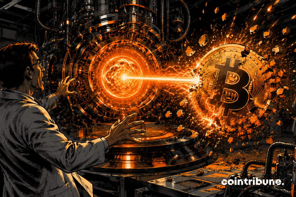 Dans un laboratoire quantique futuriste, un scientifique est paniqué. Il recule devant une machine gigantesque. Un noyau quantique lumineux fracture une pièce de Bitcoin.