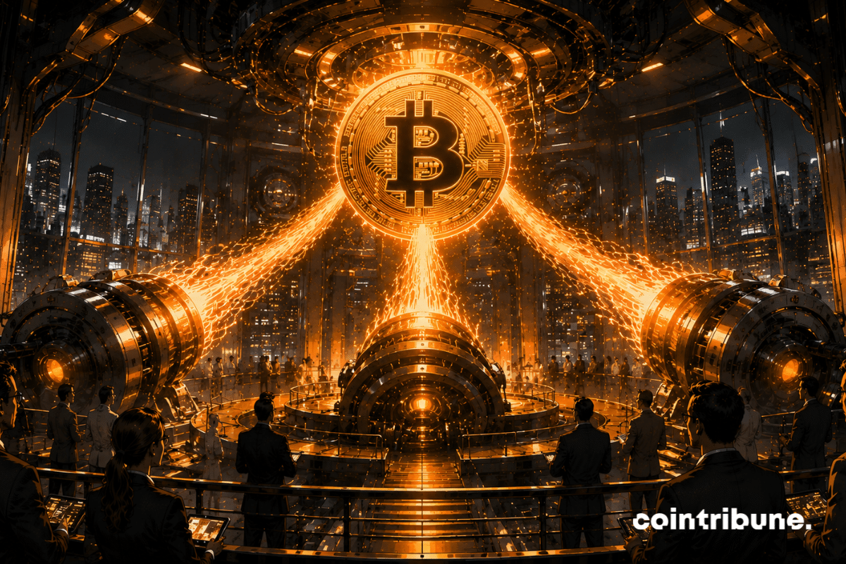 Sur une plateforme de lancement futuriste, des ingénieurs et traders surveillent une montée progressive d’énergie. Le Bitcoin est propulsé par trois réacteurs énergétiques.