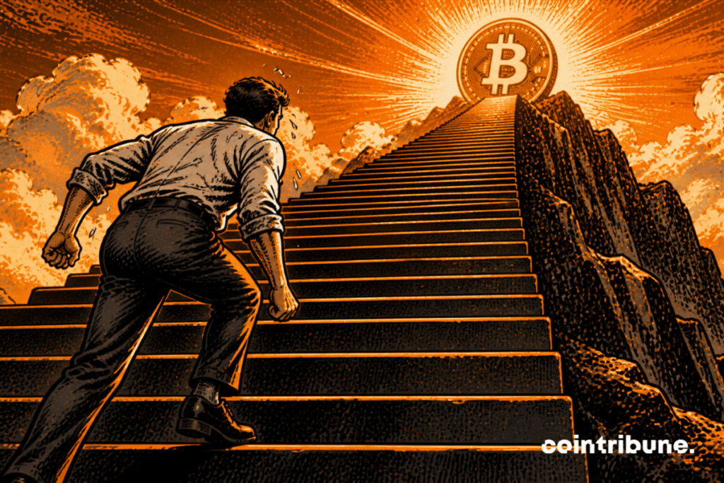 Un investisseur monte avec détermination un escalier. Il observe un Bitcoin au-dessus, au loin.