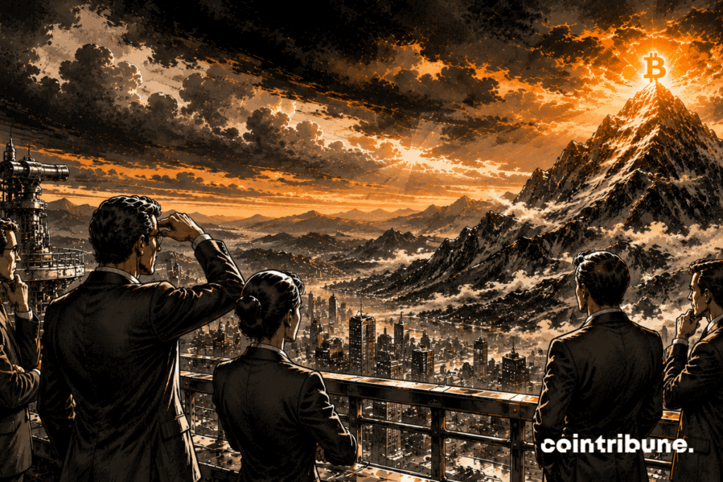 Une immense montagne domine l’horizon. Au sommet, un Bitcoin brillant s’éloigne dans les nuages. Plusieurs investisseurs observent la scène depuis une plateforme.