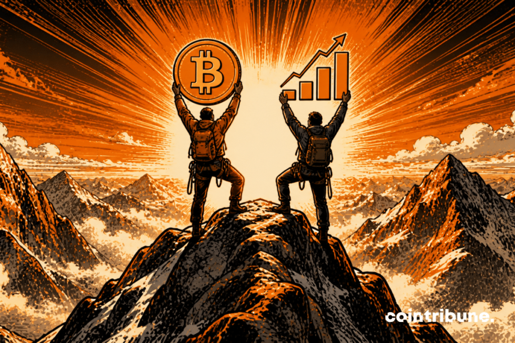 Deux alpinistes représentant le Bitcoin et le S&P 500 atteignent le sommet ensemble.