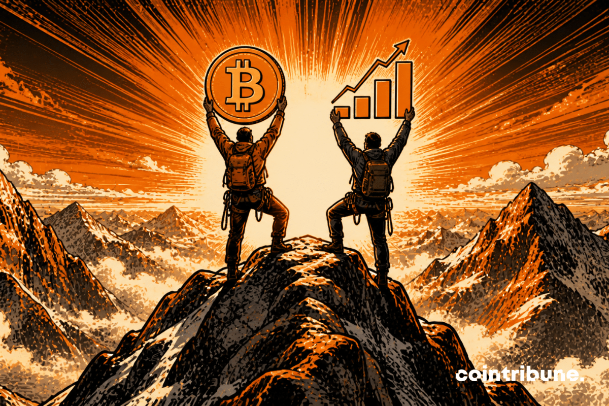 Deux alpinistes représentant le Bitcoin et le S&P 500 atteignent le sommet ensemble.