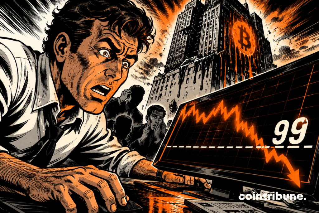 Panicked trader facing a chart plunging below , with a crypto building in crisis in the background.