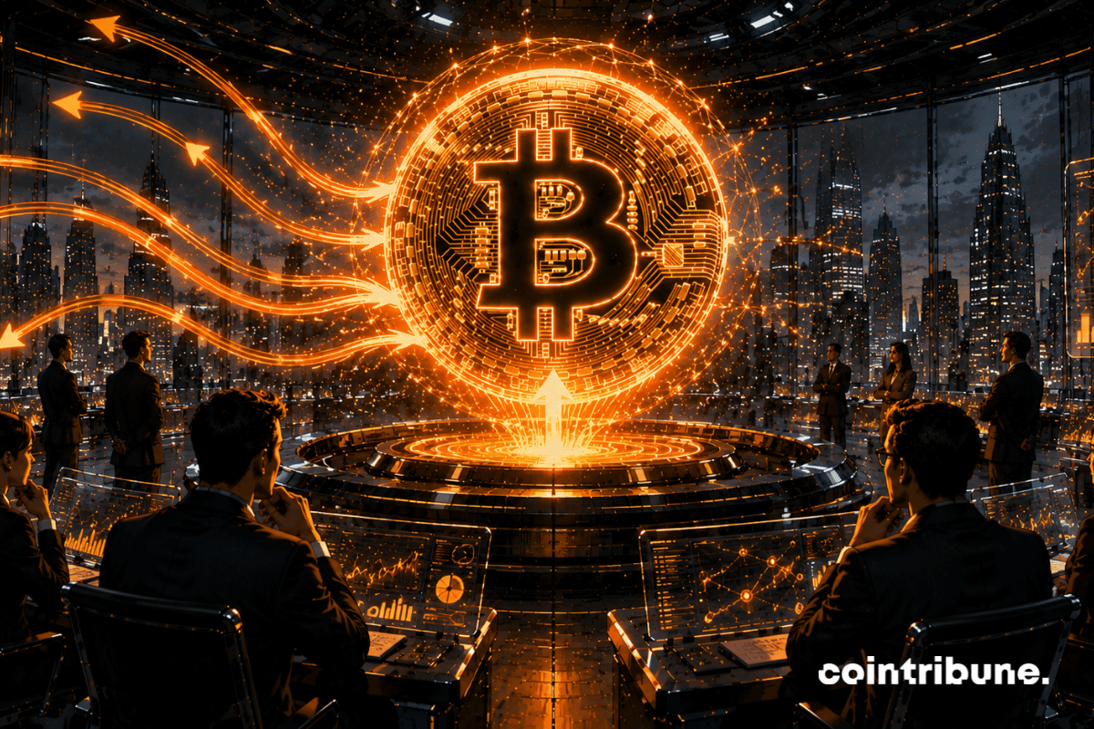 In a vast futuristic financial analysis room, Santiment analysts observe outgoing flows leaving a Bitcoin that remains bright and stable.