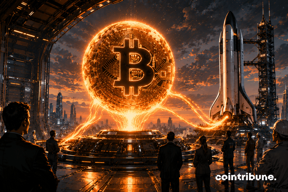 Dans un centre spatial futuriste ultra moderne, des ingénieurs de SpaceX et investisseurs observent une immense réserve énergétique Bitcoin reliée à une fusée.