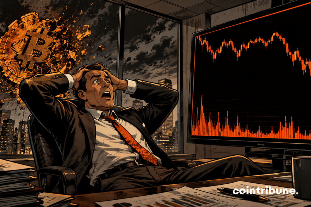 Um executivo da Strategy observa uma tela mostrando uma queda acentuada do Bitcoin.