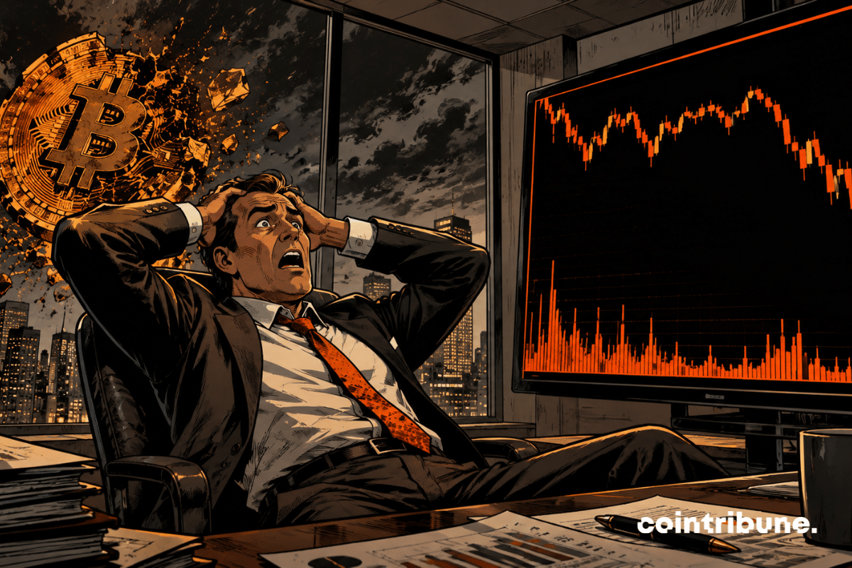 A Strategy executive watches a screen showing a steep drop in Bitcoin.