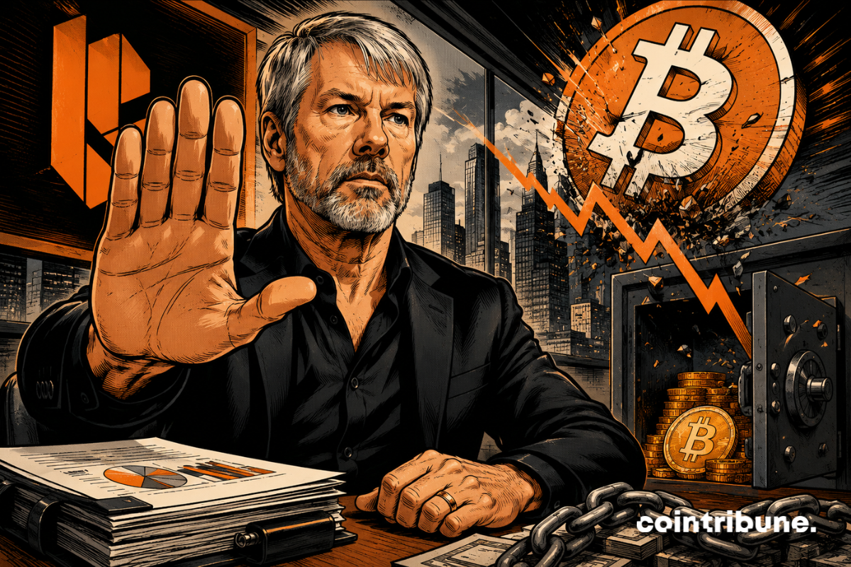 Illustration of a Strategy executive raising his hand in front of a downward chart, with the Bitcoin symbol and a reserve of crypto assets in the background.