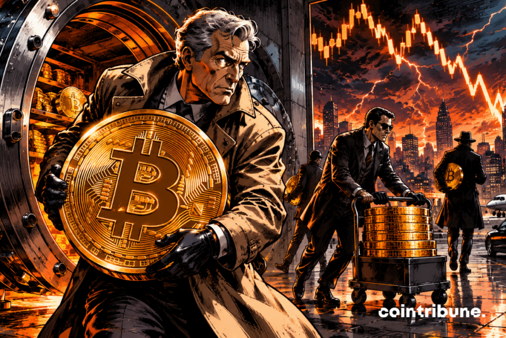 In a gigantic open vault, an old investor wearing a dark coat carries a heavy Bitcoin coin.