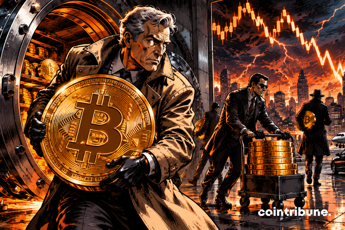 Dans une chambre forte gigantesque ouverte, un vieil investisseur en manteau sombre porte une lourde pièce Bitcoin.