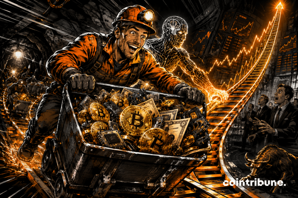 A miner pushes a cart filled with bitcoins, propelled by an artificial intelligence figure on sharply rising rails.