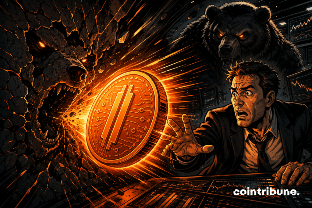 A worried trader watches a dark orange Bitcoin coin rushing toward a cracked wall, dominated by the threatening shadow of a bear.