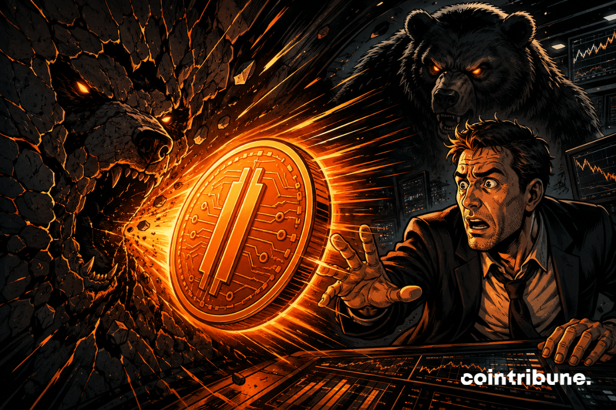 A worried trader watches a dark orange Bitcoin coin rushing toward a cracked wall, dominated by the threatening shadow of a bear.