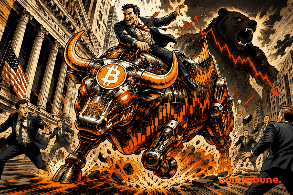 Illustration d’un taureau Bitcoin lancé dans Wall Street, avec des traders en fuite et un ours en arrière-plan symbolisant la correction du marché.
