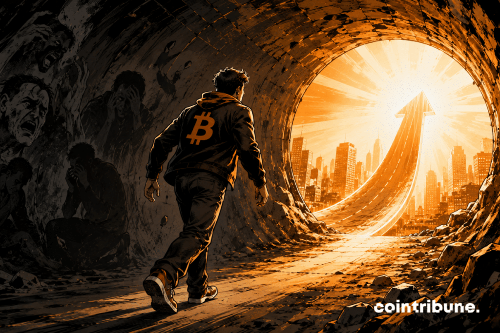 Un investisseur sort d’un tunnel sombre débouchant sur une lumière éclatante, ce qui symbolise la sortie du marché crypto de la peur et un possible rallye du Bitcoin.