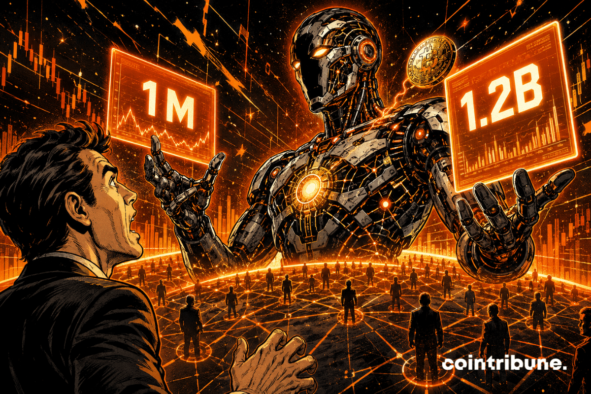 Giant AI robot controlling trading screens, facing a shocked trader and a connected crowd.