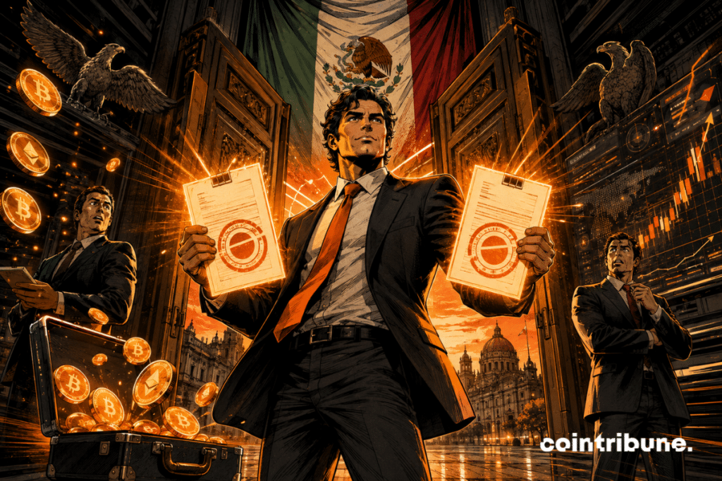 Comic-style crypto executive entering Mexico with glowing regulatory seals and flying documents.