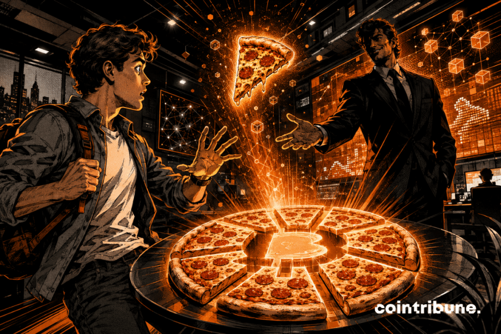 Comic-style scene of a shocked candidate facing a glowing bitcoin-shaped pizza portal, with a mysterious recruiter inviting him into a Web3 office.