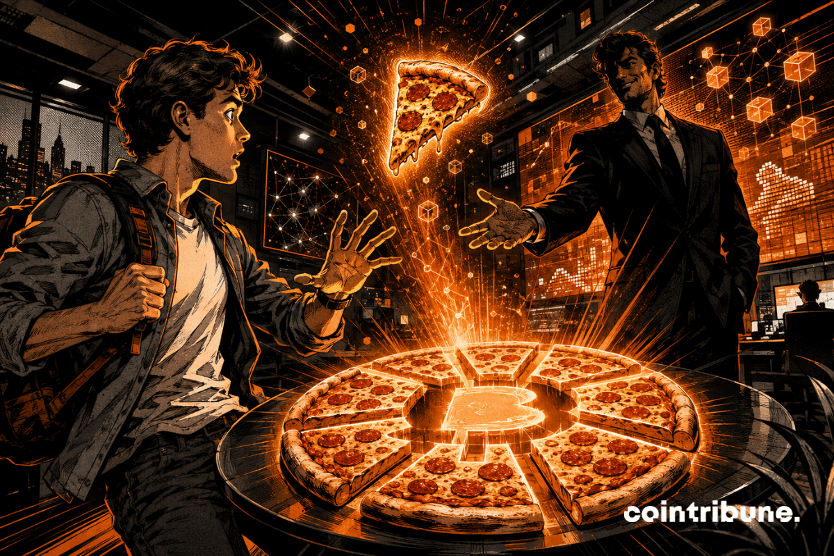 Comic-style scene of a shocked candidate facing a glowing bitcoin-shaped pizza portal, with a mysterious recruiter inviting him into a Web3 office.