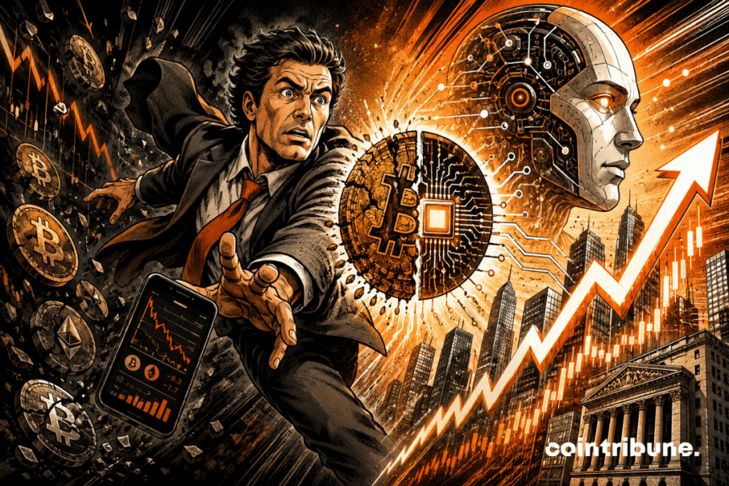 A worried investor leaves a dark crypto world for a brighter market led by AI and a rising stock arrow.