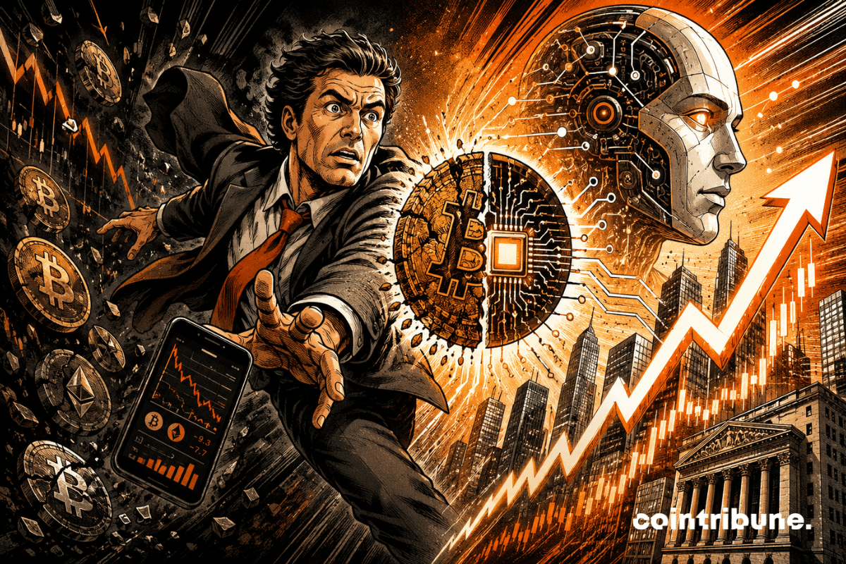 A worried investor leaves a dark crypto world for a brighter market led by AI and a rising stock arrow.
