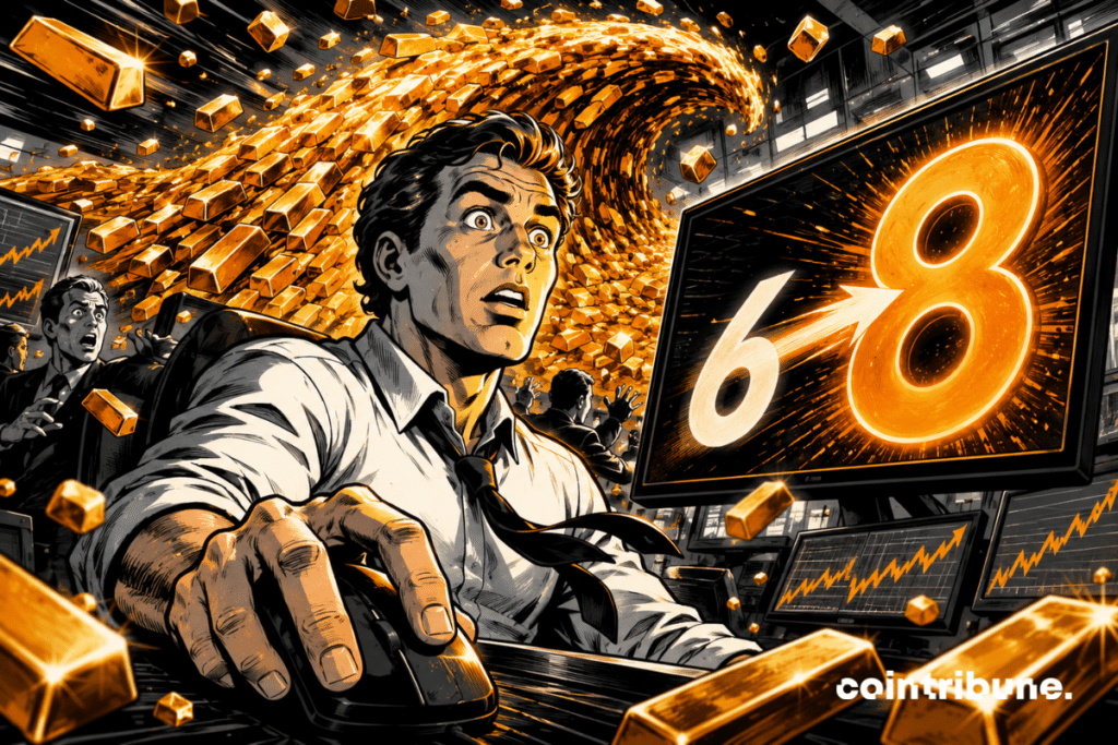 A surprised Bitget trader in front of a screen moving from 6 to 8, while a wave of gold bars floods a trading room.