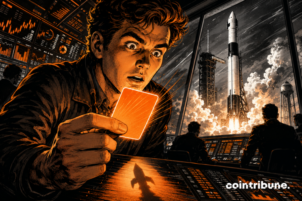 Illustration comics d’un trader tenant une carte orange lumineuse devant une fusée prête au décollage.
