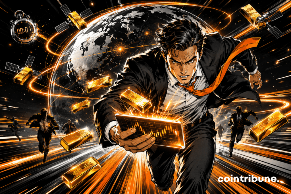 **Caption:** Bitget takes gold trading into a global speed challenge. **Alt text:** Comic-style illustration of a trader racing through Bitget’s global gold trading challenge, holding a tablet and surrounded by gold bars, a globe, and orange motion trails.