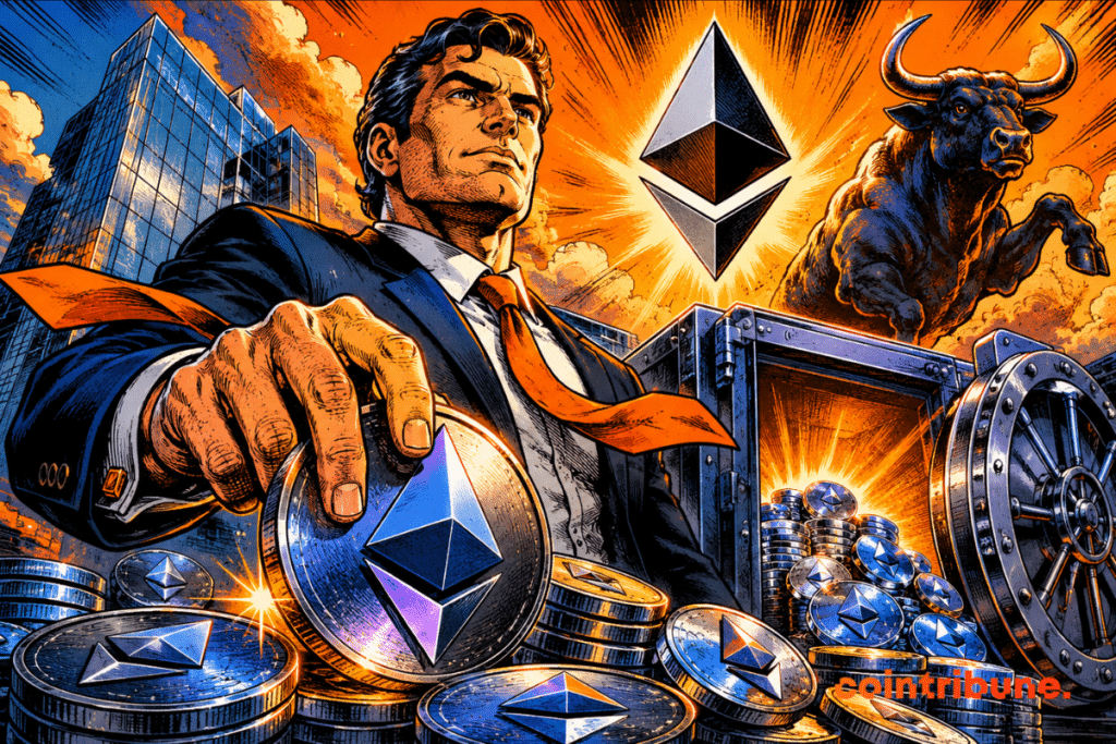 Ilustración de Bitmine con un empresario rodeado de monedas de Ethereum, una bóveda abierta y un toro que simboliza la dinámica del mercado cripto.