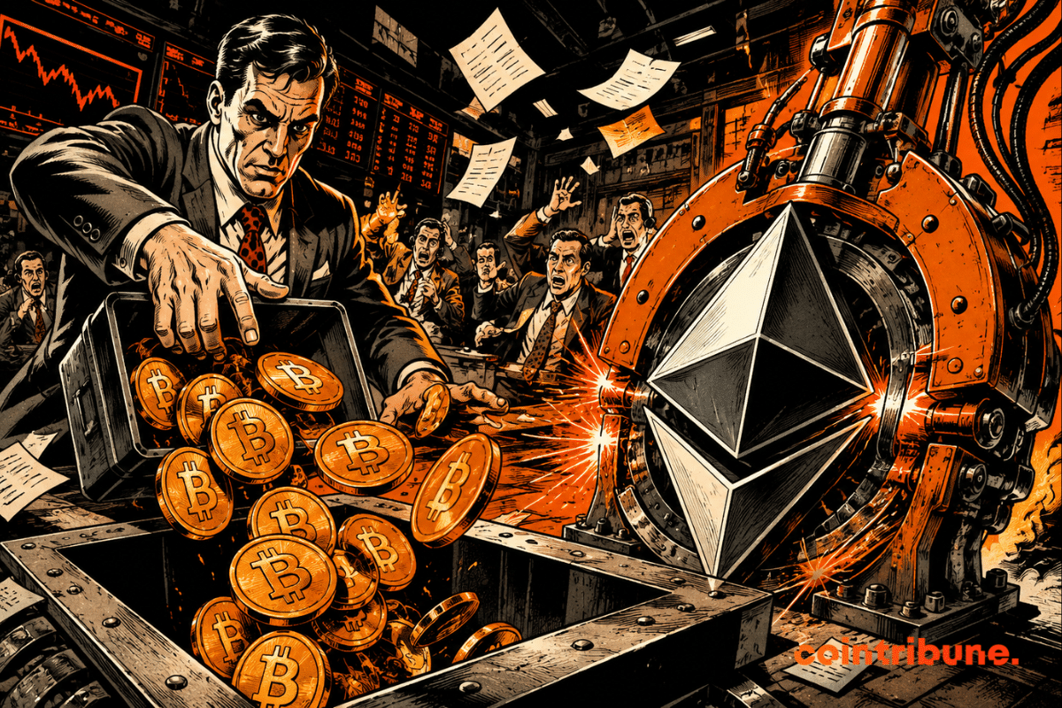 Illustration of Bitmine and Strategy facing a tense crypto market, with bitcoins, the Ethereum logo, and agitated traders.