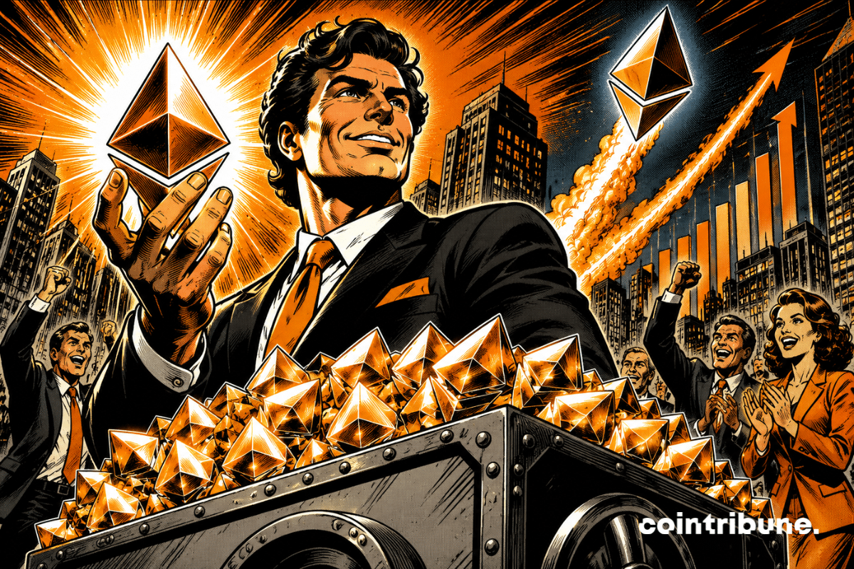 Comic-style illustration showing an executive holding an Ethereum logo in front of a massive ETH reserve, while the price rises in the background, referencing Bitmine’s latest major crypto market purchase.