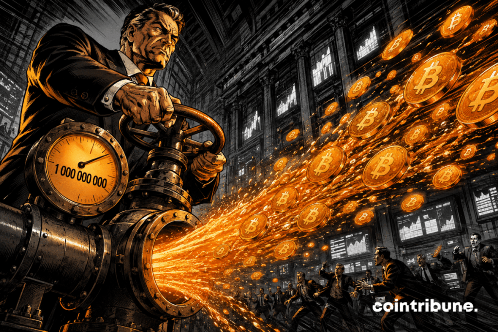 Illustration comics d’un financier ouvrant une valve qui libère un torrent de bitcoins orange dans une salle de marché.
