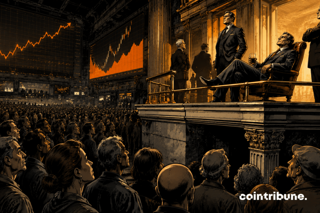 In a vast stock exchange hall, a few wealthy investors stand on an elevated platform. A massive crowd below looks up at them.