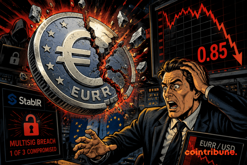 A massive EURR token plummets as a panicked trader watches the stablecoin’s sudden collapse amid financial chaos